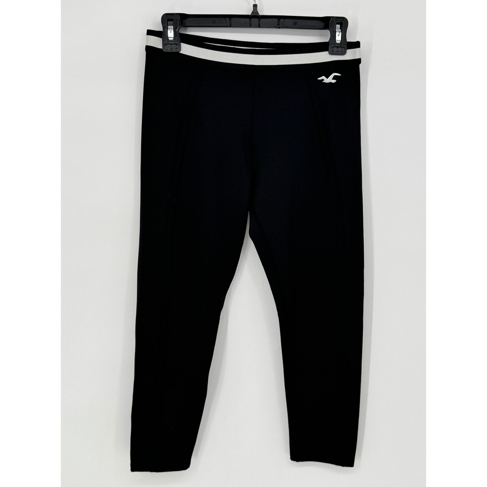 Hollister Leggings Womens Large Black Good Cropped Striped Waistband Logo